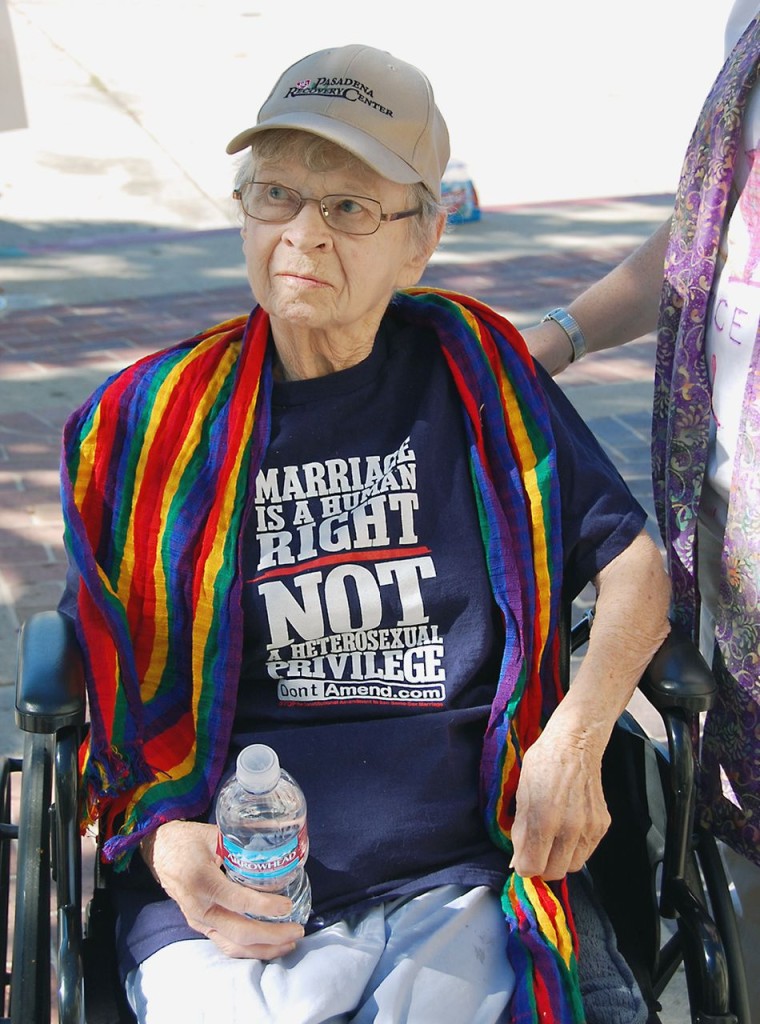 A closer look at the lives of aging LGBTQ people reveals how deeply identity politics and class politics are entangled. Here, an older protester rallies for marriage equality in Pasadena, California.